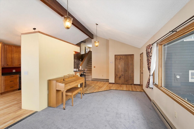 living room featuring lofted ceiling with beams, a baseboard radiator, and light carpet