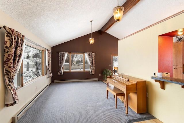 carpeted dining area featuring vaulted ceiling with beams, a textured ceiling, and baseboard heating