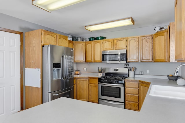 kitchen with stainless steel appliances, kitchen peninsula, and sink