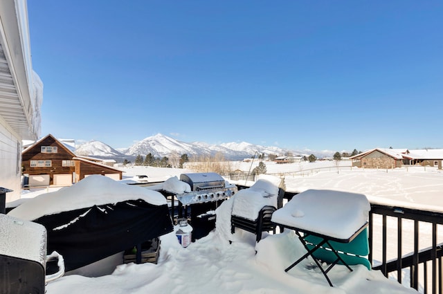 yard layered in snow with a mountain view