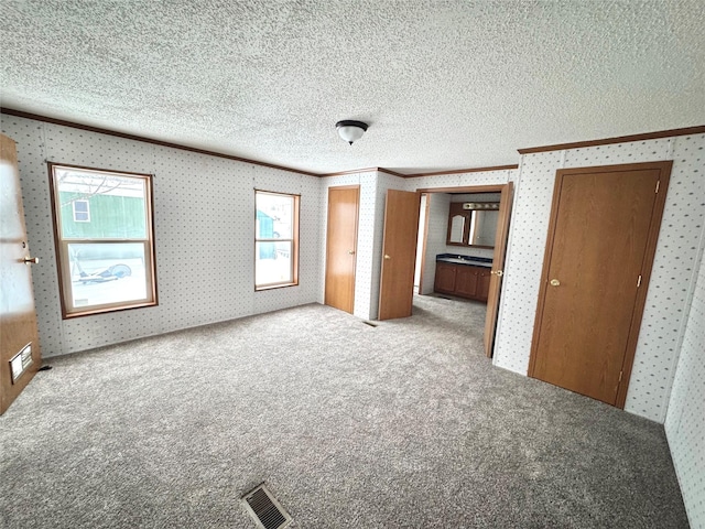 unfurnished bedroom with ornamental molding, light carpet, and a textured ceiling