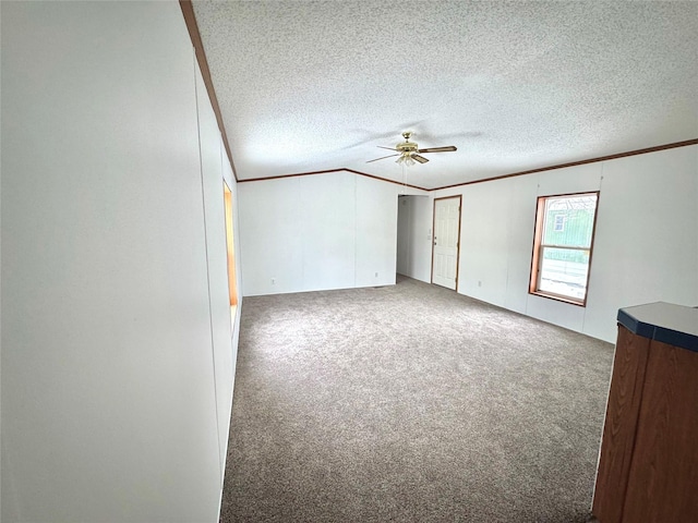 carpeted spare room with ornamental molding, ceiling fan, and a textured ceiling