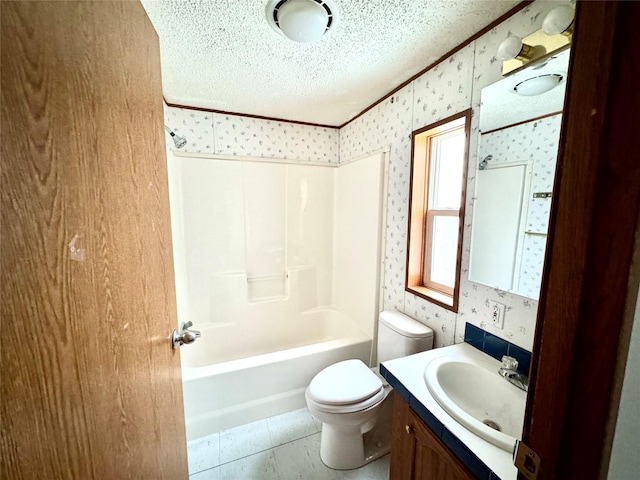 full bathroom with vanity, shower / bathtub combination, toilet, and a textured ceiling