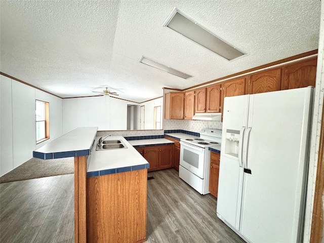 kitchen featuring wood-type flooring, sink, ornamental molding, kitchen peninsula, and white appliances