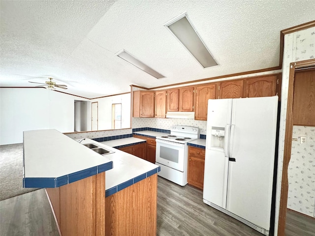 kitchen featuring white appliances, dark hardwood / wood-style floors, sink, and a kitchen island