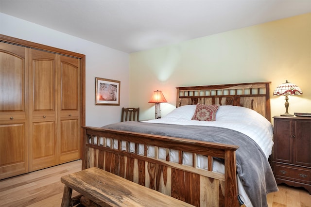 bedroom with a closet and light hardwood / wood-style flooring