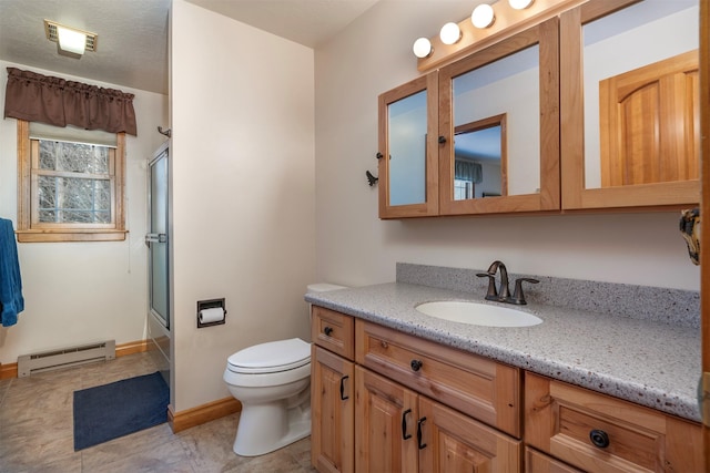 full bathroom featuring toilet, vanity, enclosed tub / shower combo, tile patterned flooring, and a baseboard heating unit