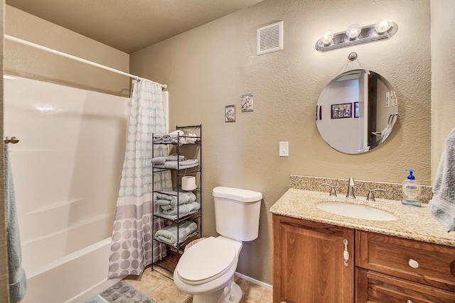 full bathroom featuring toilet, vanity, and shower / bathtub combination with curtain