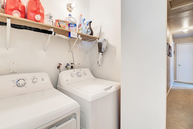 washroom featuring carpet flooring and washer and clothes dryer