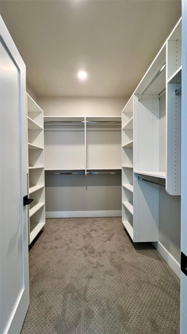 walk in closet with dark carpet