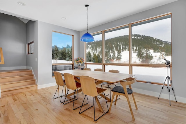 dining area with a mountain view and light hardwood / wood-style floors