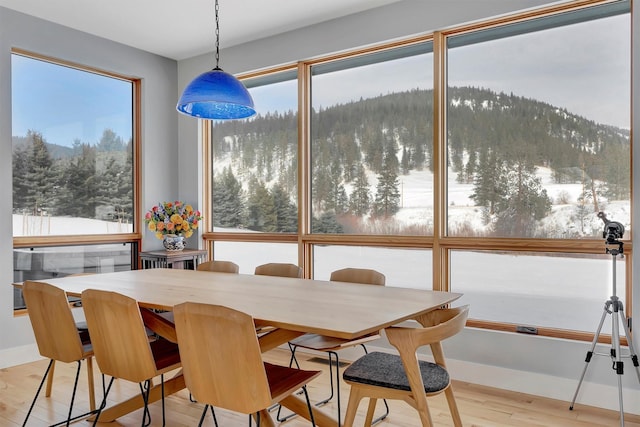 dining space with a mountain view and light hardwood / wood-style flooring