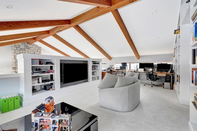 carpeted living room with built in features and lofted ceiling with beams