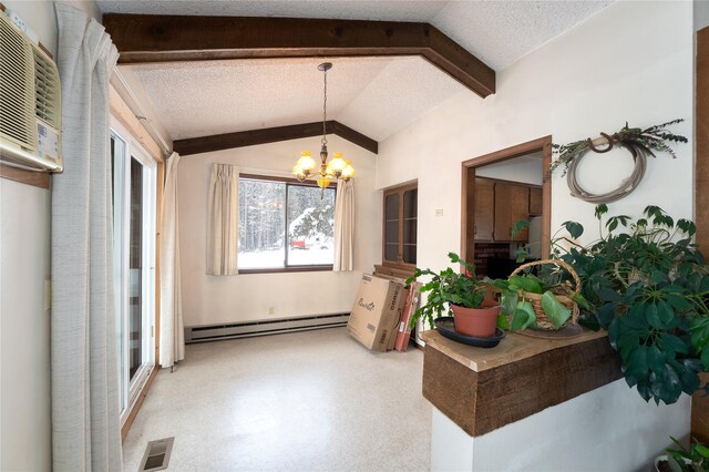 interior space with a textured ceiling, vaulted ceiling with beams, visible vents, baseboard heating, and an inviting chandelier