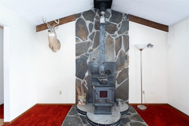 interior details featuring carpet, a wood stove, and a textured ceiling