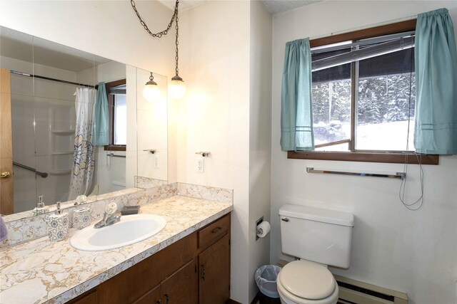 full bath featuring a baseboard radiator, plenty of natural light, vanity, and a shower with shower curtain