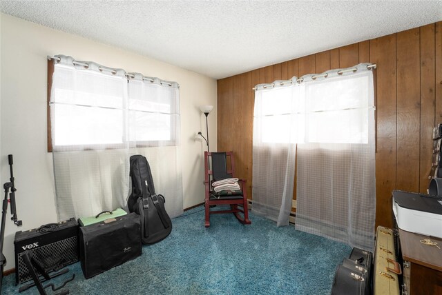 living area featuring carpet, a textured ceiling, and a wealth of natural light