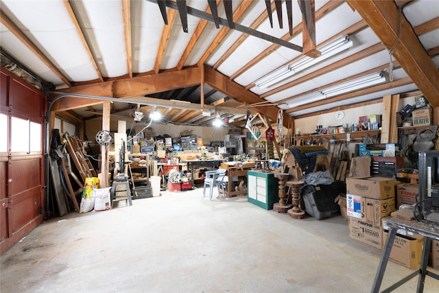 garage with a workshop area