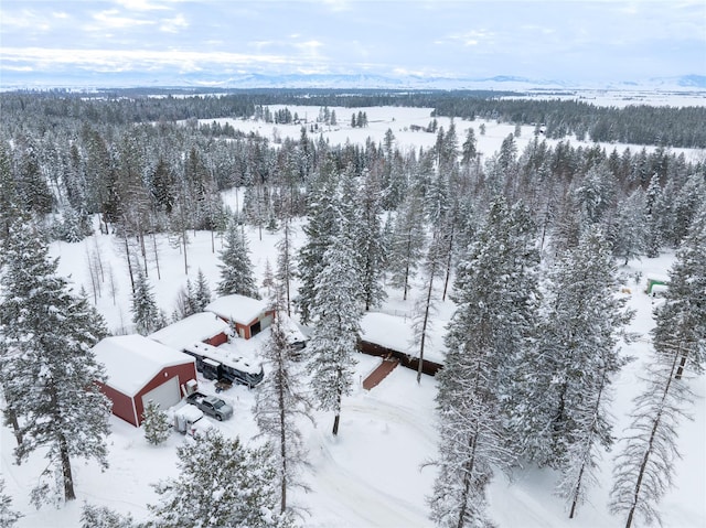 snowy aerial view featuring a wooded view