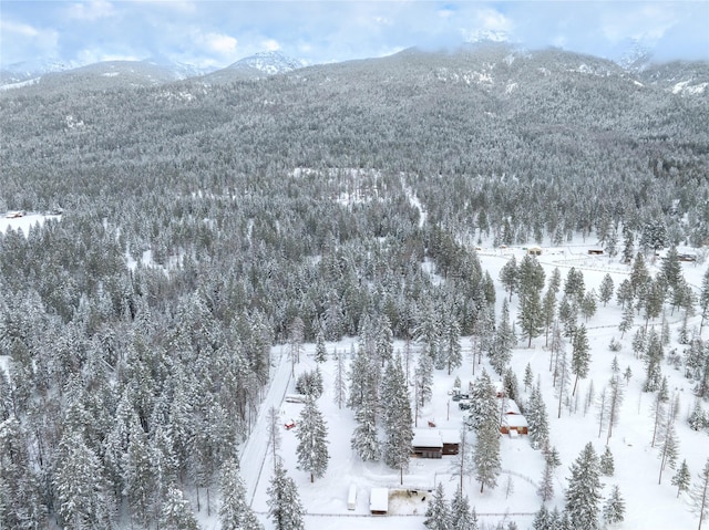 snowy aerial view featuring a wooded view and a mountain view