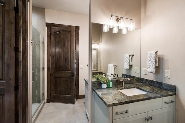 bathroom with vanity and a shower with shower door