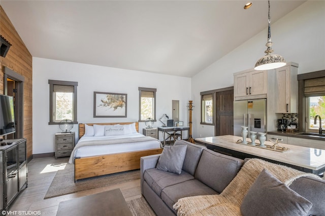 76 Rusty Iron Way, Eureka, MT 59917 - bedroom with stainless steel built in fridge, a sink, light wood-type flooring, high vaulted ceiling, and baseboards