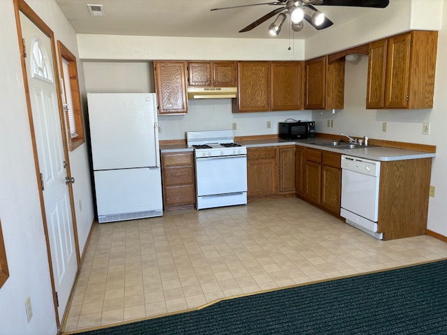 kitchen with ceiling fan, white appliances, and sink