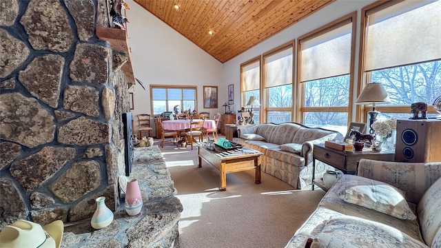 6809 N Montana Ave, Helena, MT 59602 - carpeted living room with high vaulted ceiling, wooden ceiling, and recessed lighting