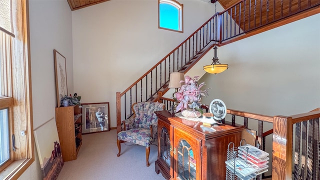 stairway with carpet floors and a high ceiling