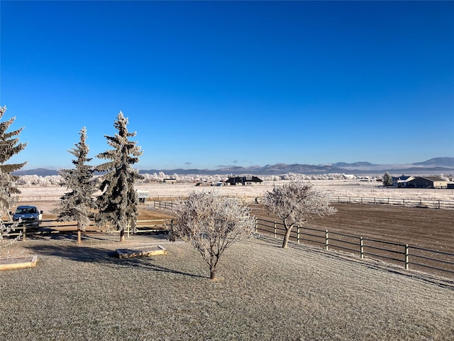 view of yard with a rural view and a mountain view