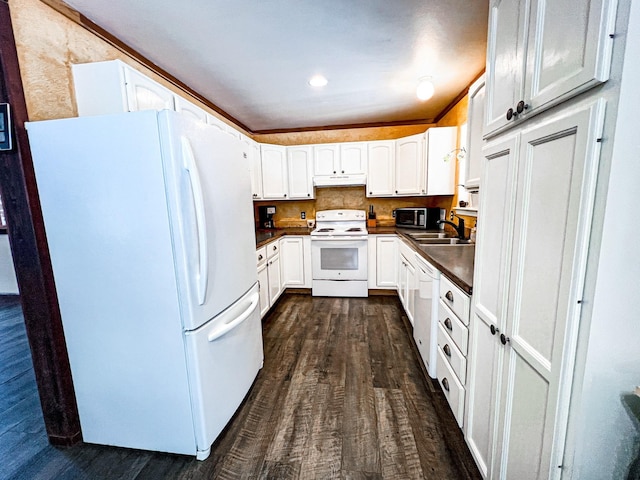 kitchen with dark wood-type flooring, sink, ornamental molding, white appliances, and white cabinets