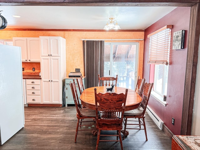 dining room with dark wood-type flooring and a baseboard radiator