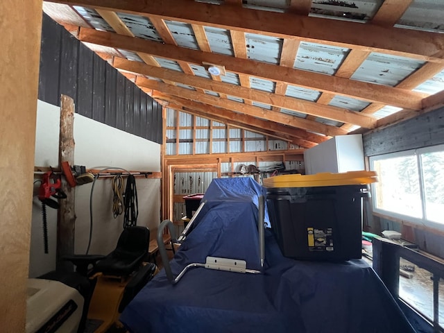 recreation room with lofted ceiling