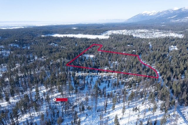 snowy aerial view with a mountain view