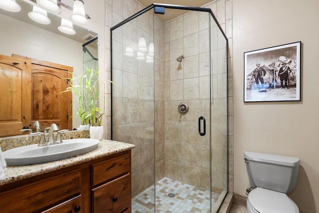 bathroom with vanity, toilet, and a shower stall