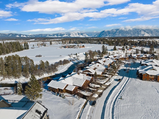 snowy aerial view featuring a residential view and a mountain view