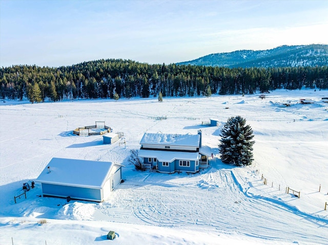 snowy aerial view with a mountain view and a view of trees