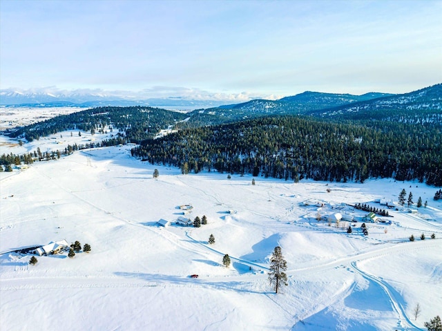snowy aerial view featuring a mountain view