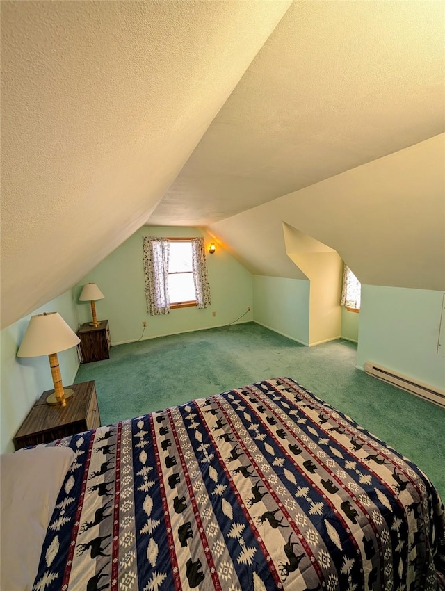 unfurnished bedroom with carpet floors, vaulted ceiling, a baseboard heating unit, and a textured ceiling