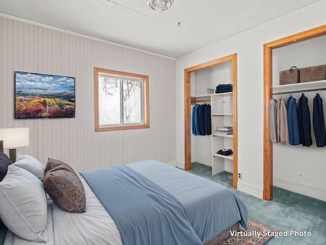 carpeted bedroom with baseboards, ornamental molding, and wallpapered walls