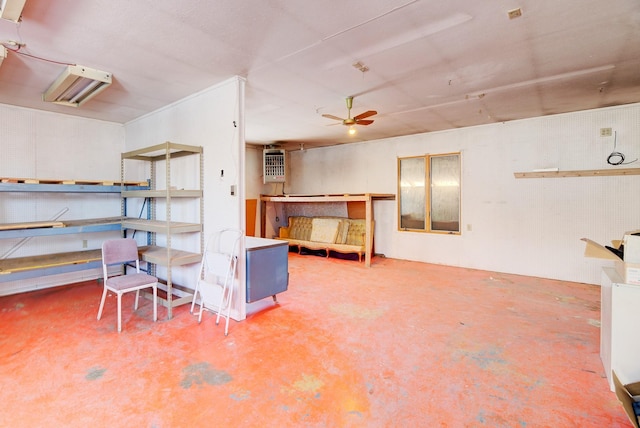 basement featuring ceiling fan