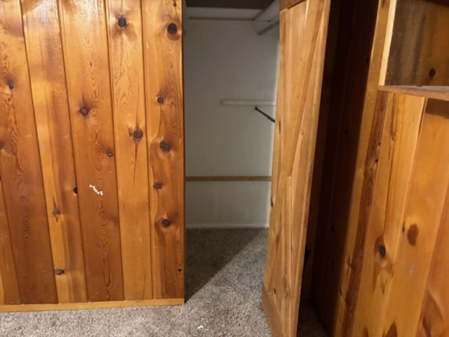 walk in closet with dark colored carpet