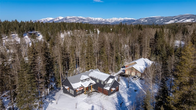 snowy aerial view featuring a mountain view