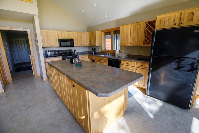 kitchen with a kitchen island, high vaulted ceiling, sink, black appliances, and light brown cabinets