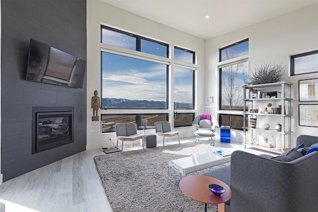 living room with recessed lighting, a large fireplace, and wood finished floors