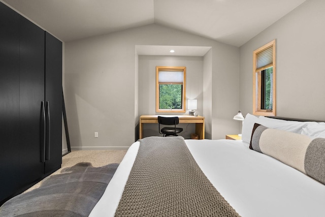 carpeted bedroom featuring vaulted ceiling