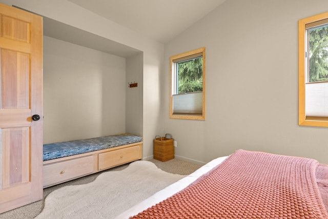 bedroom featuring multiple windows, lofted ceiling, and light colored carpet