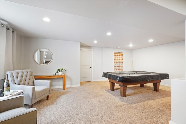 rec room featuring pool table and light colored carpet