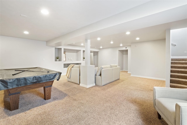 game room with billiards and light colored carpet