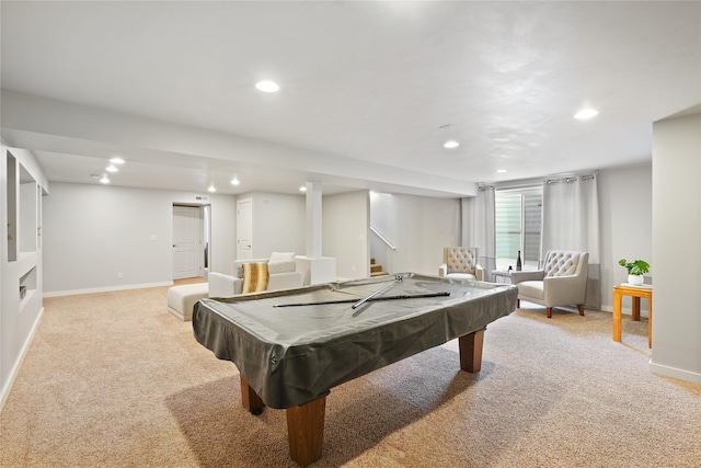 game room with billiards and light colored carpet